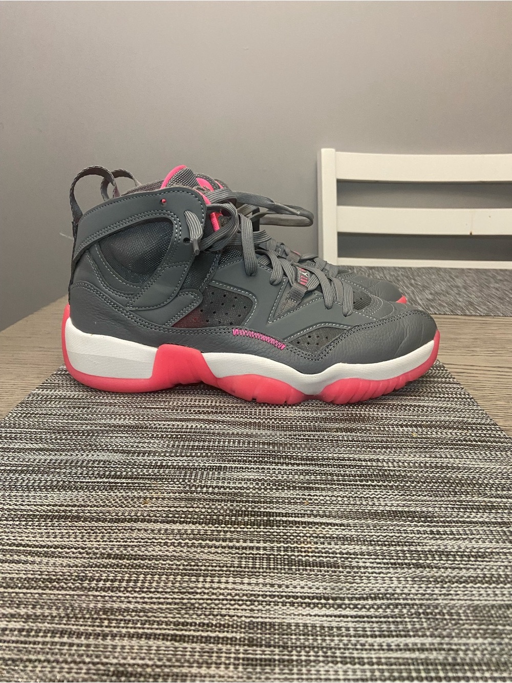 Jordan Kids Grey and Pink High-Top Sneakers